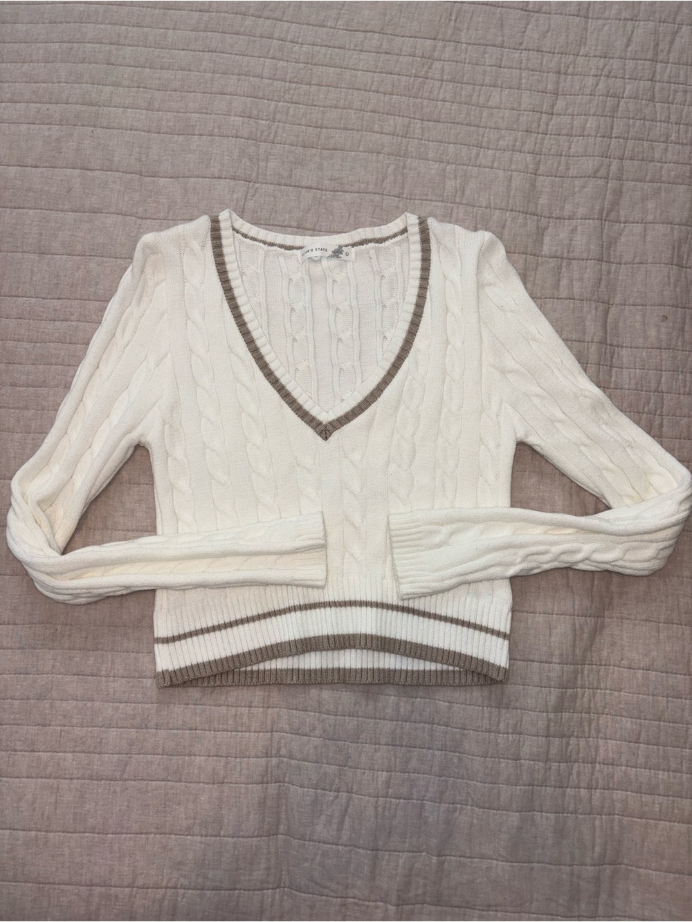 Altar'd State Cream Cable Knit V-Neck Sweater with Taupe Trim